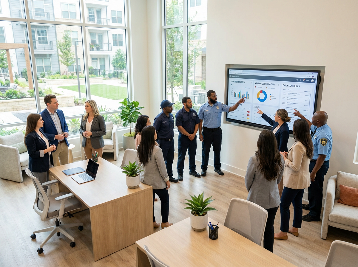 Dashboard showing KPIs such as response time and tenant satisfaction in a property management system