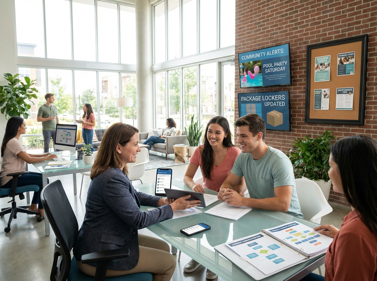 Dashboard showing KPIs for tenant communication and maintenance performance