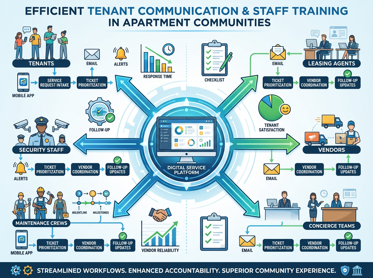 Property manager coordinating tenant communication and staff training using a centralized platform