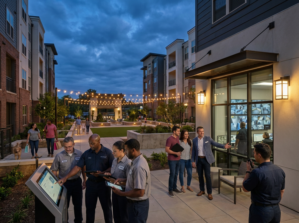 On-site apartment services team coordinating maintenance, security, trash, and towing