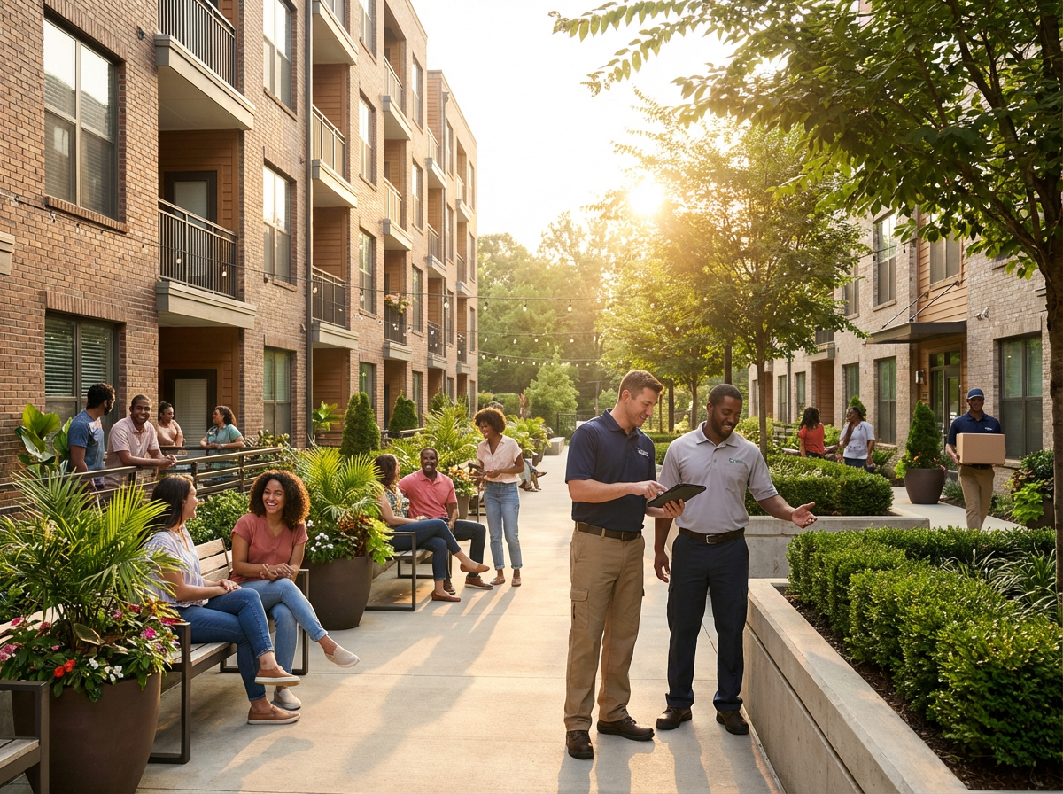 On-site operations team coordinating maintenance, security, and resident services