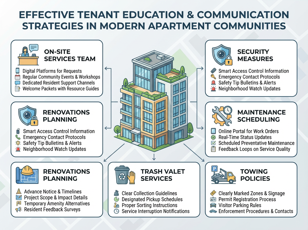 Property management team discussing tenant education and communication strategies