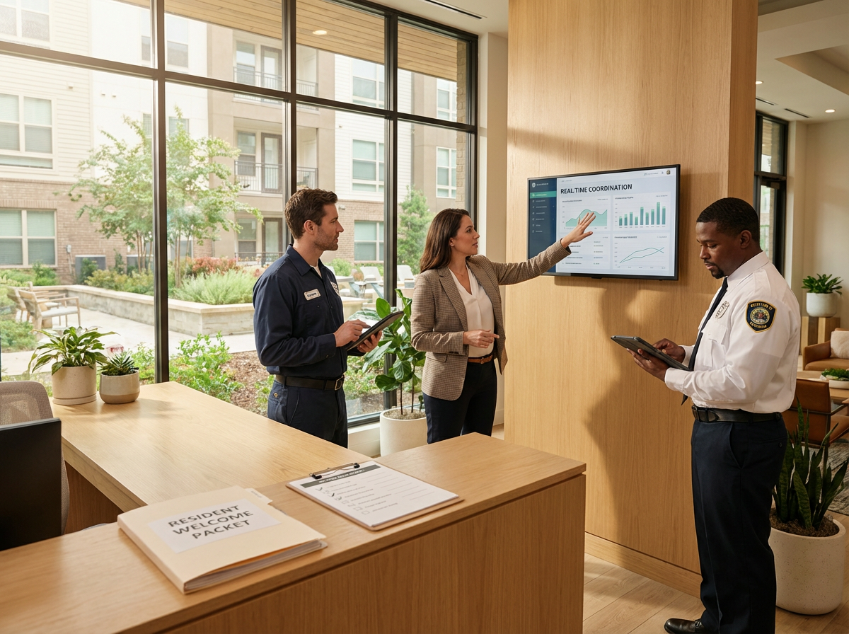Optimizing Resident Education, Communication, and On-Site Team Performance in Modern Apartment Communities 2 On-site apartment team collaborating using digital workflows for maintenance, security, and trash valet