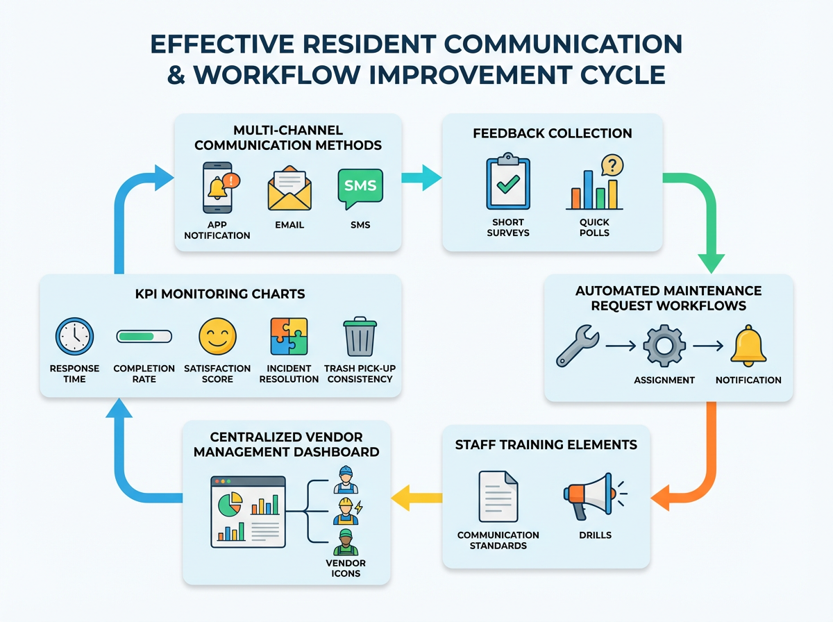 Resident Communication, Staff Training, and Workflow Improvement for Apartment Community Operations: Coordinating Security, Maintenance, Renovations, Trash Valet, and Towing 1 Property manager optimizing resident communication workflows in an apartment community
