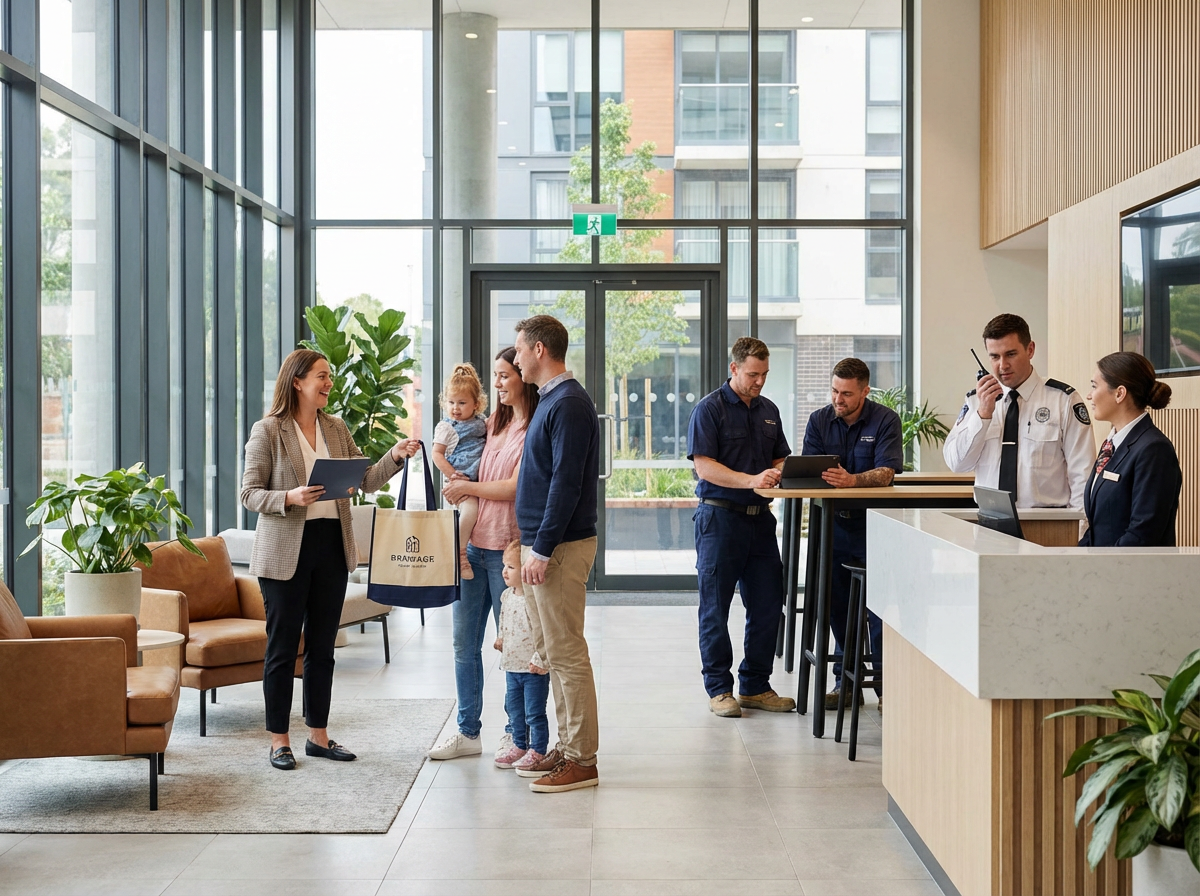 Apartment security and concierge team coordinating after-hours incident response