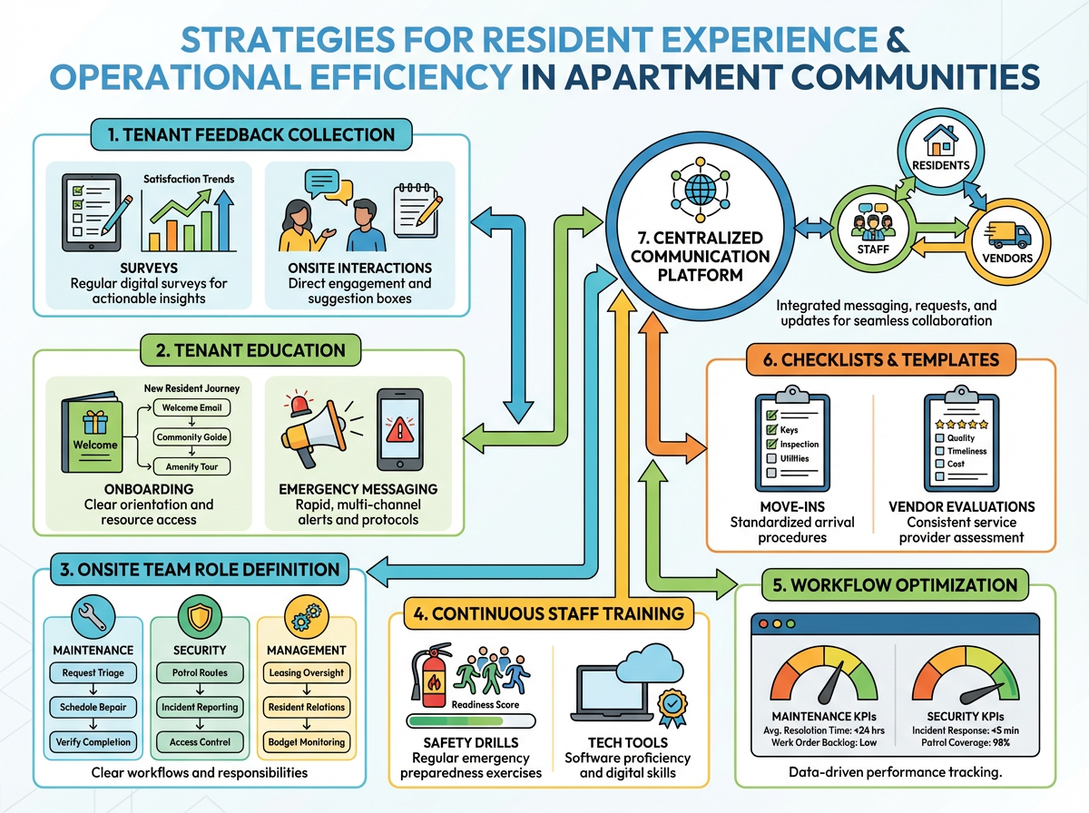 Apartment operations team reviewing resident feedback and service data