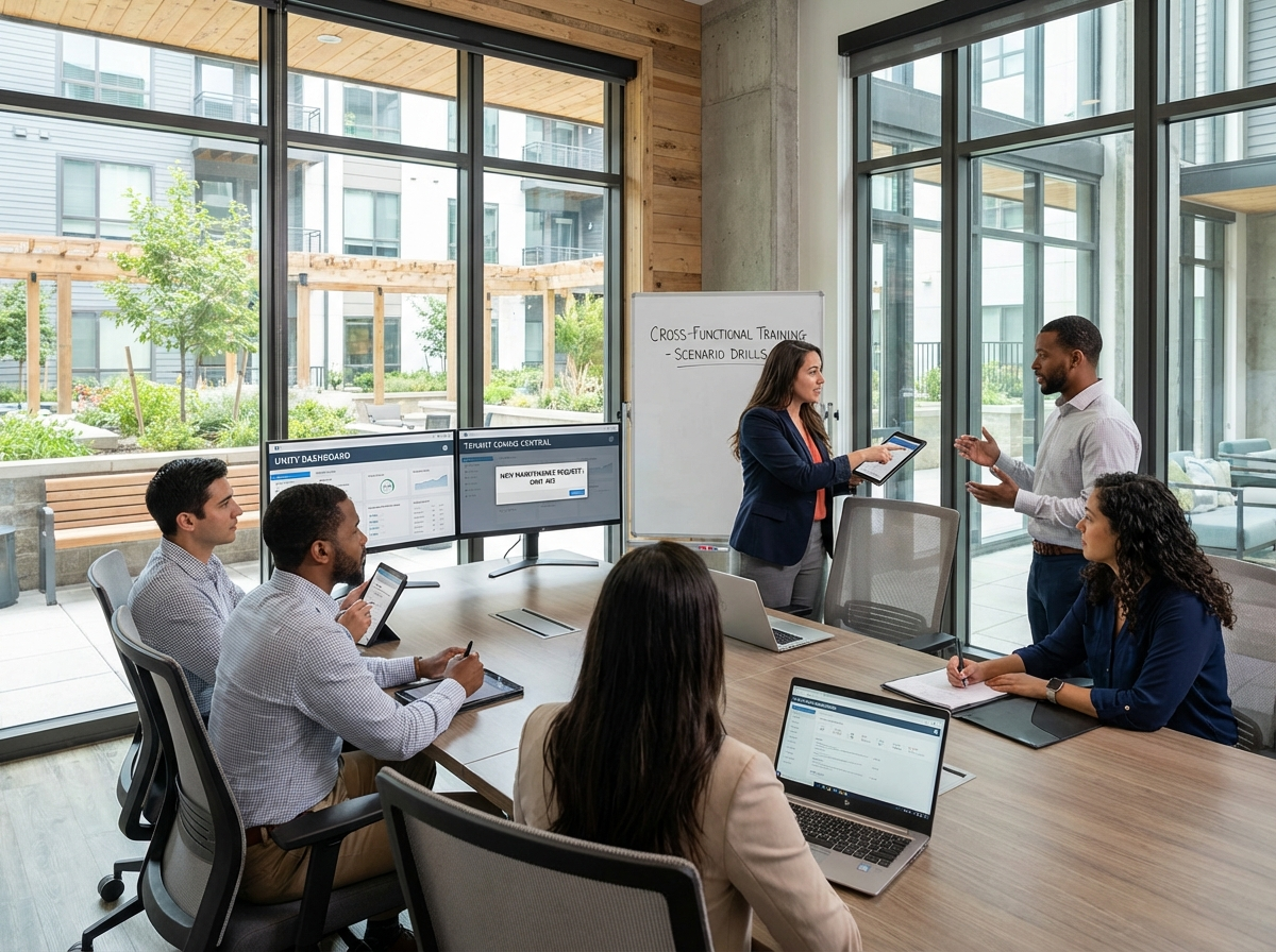 Modern Tenant Communication and Staff Training for Better Operations in Apartment Communities 2 Property management team collaborating on staff training and operations