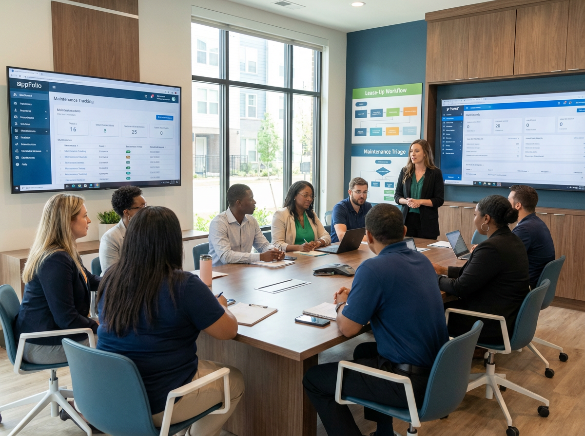 Modern Tenant Communication, Staff Training, and Workflow Improvement in Multifamily Apartment Operations 2 Digital dashboards tracking KPIs and maintenance workflows in multifamily buildings