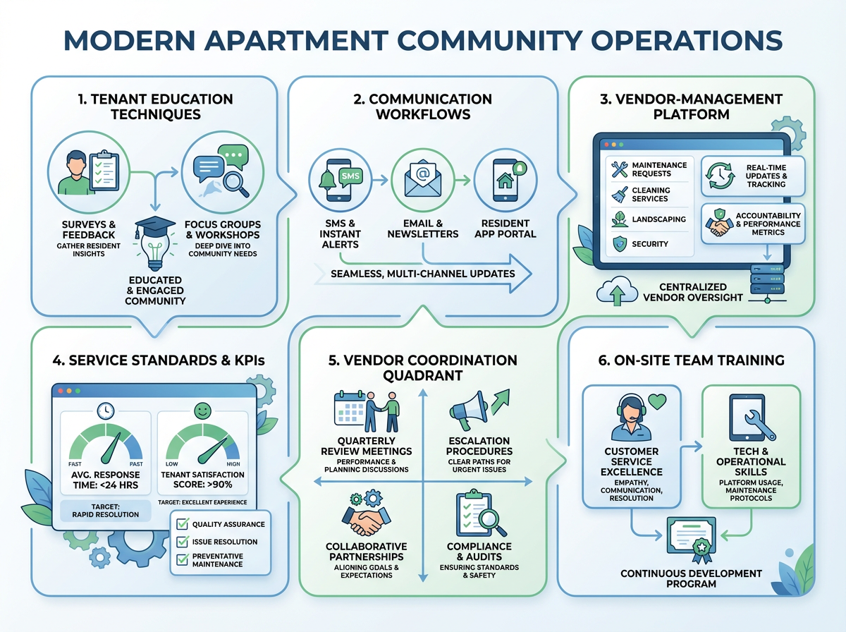 Modern Apartment Community Operations: Tenant Education, Communication, and Building a High-Performing On-Site Services Team 1 On-site apartment management team reviewing tenant feedback and operations data