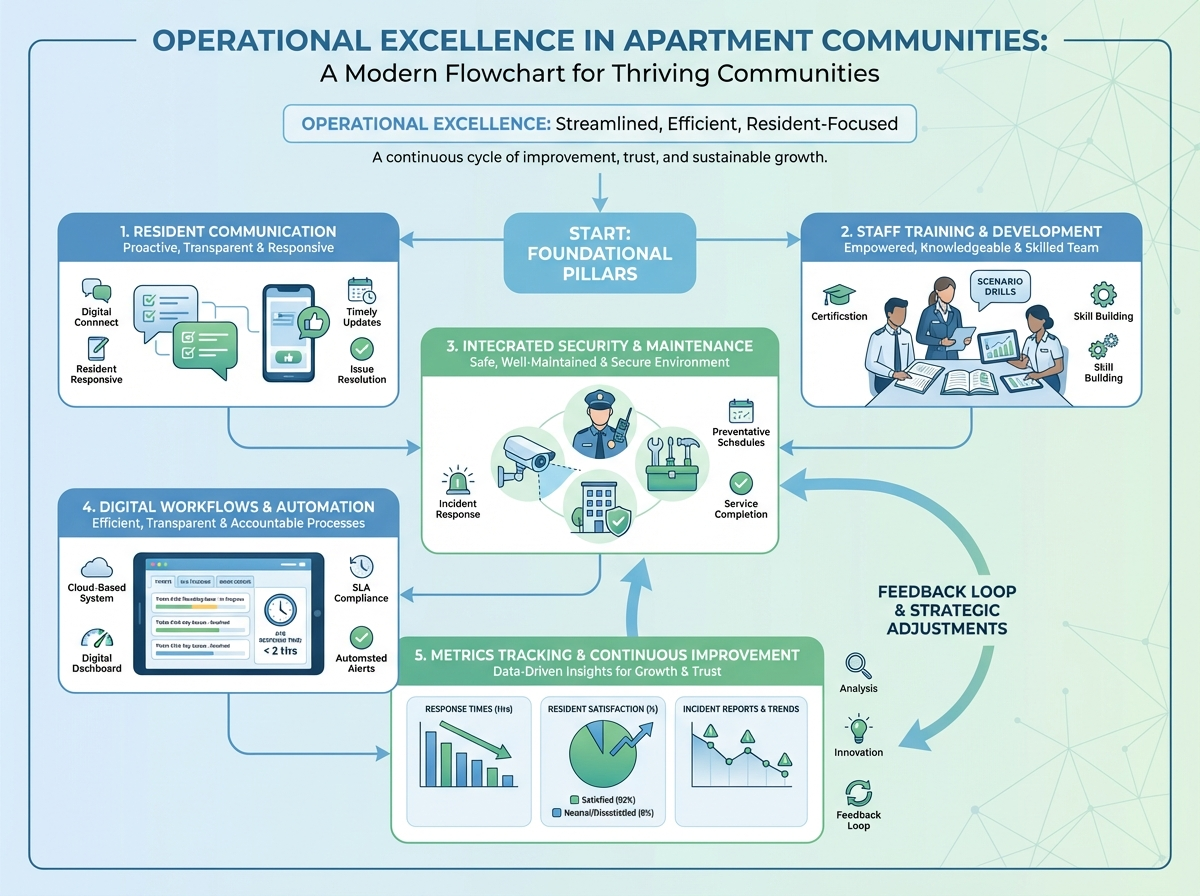 Operational Excellence in Apartment Communities Through Resident Communication, Staff Training, and Integrated Security/Maintenance Services 1 Apartment community operations team reviewing resident communication plans